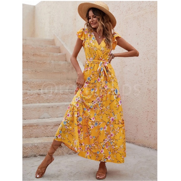 Floral Dress Surplice Overlapping V Neck Fit & Flare Maxi Long Yellow Tie Belt - Picture 2 of 8